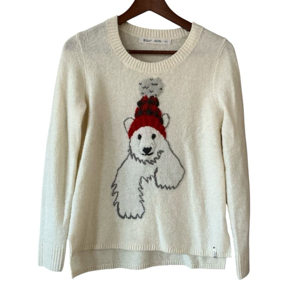Woolrich Ivory Polar Bear Wool Blend Sweater Women's XS Pullover Knit Red Hat